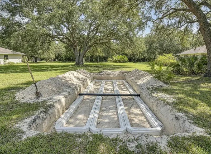 Open drain field trench with infiltration chambers in a Florida yard