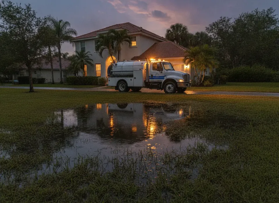 Septic service truck at dusk beside a Florida home after heavy rain