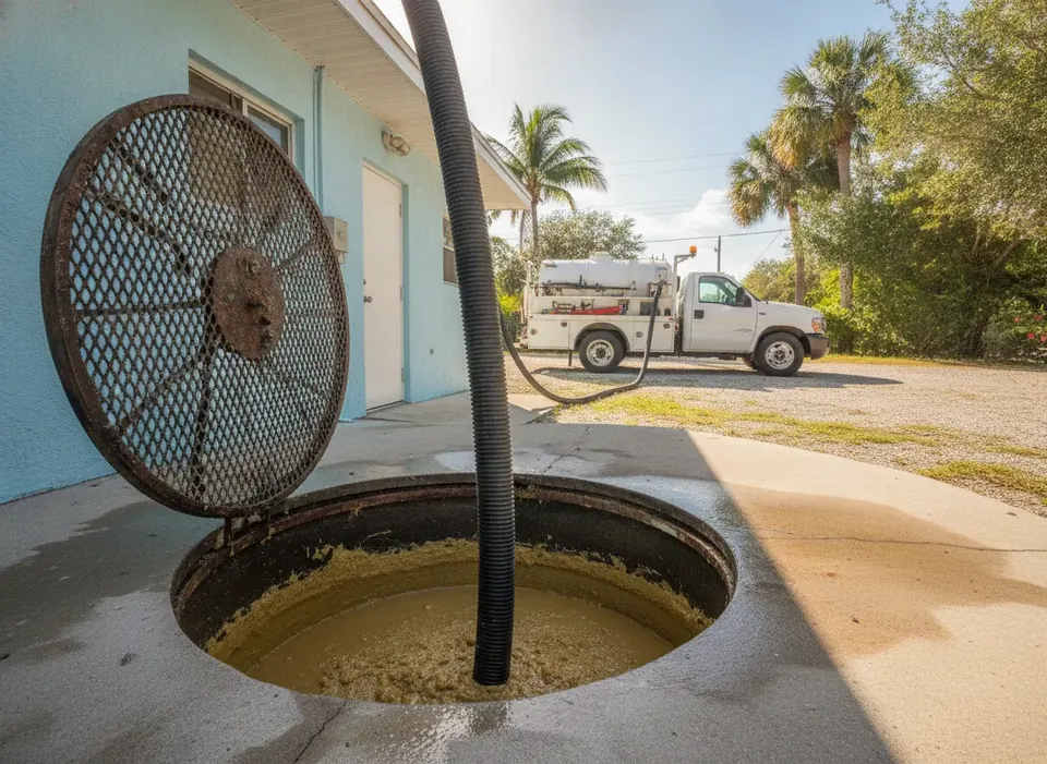 Grease trap being pumped behind a small restaurant