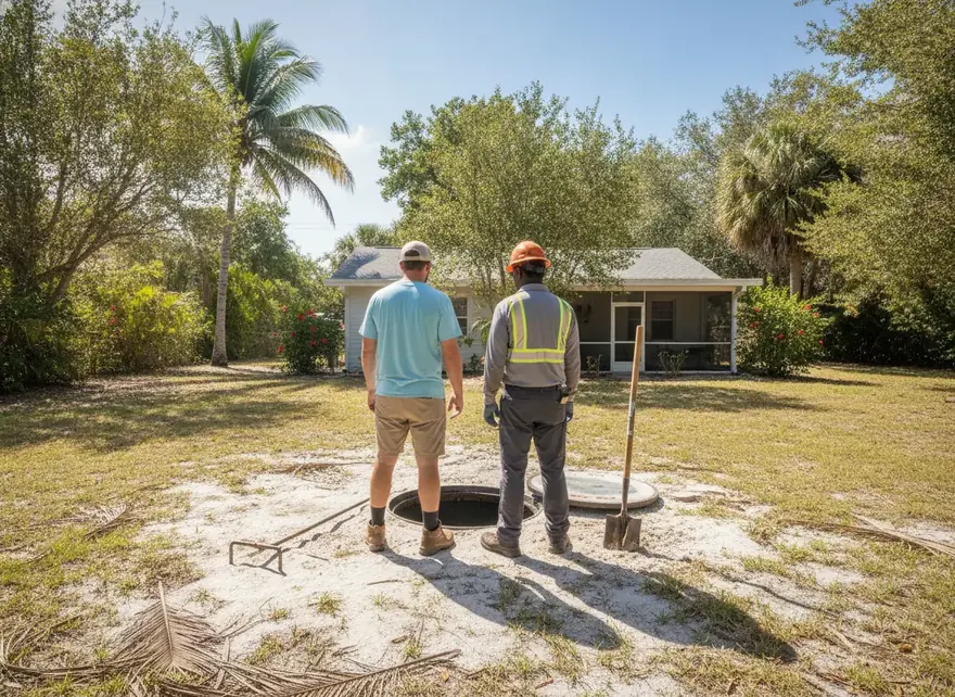 Homeowner and technician beside an uncovered septic tank lid
