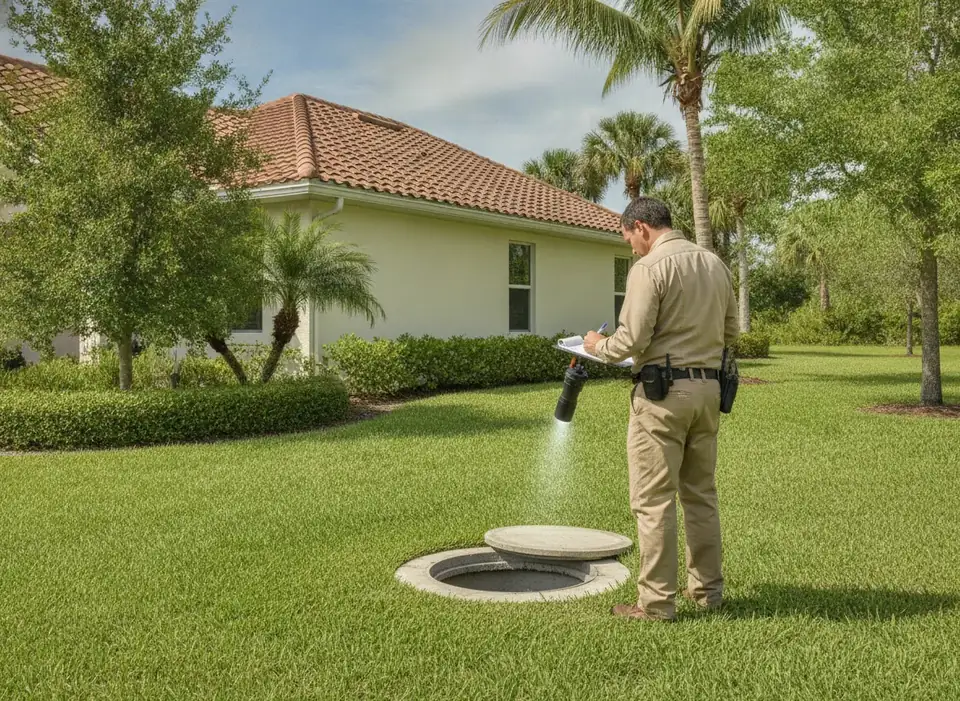 Inspector checking an open septic tank access port beside a Florida home