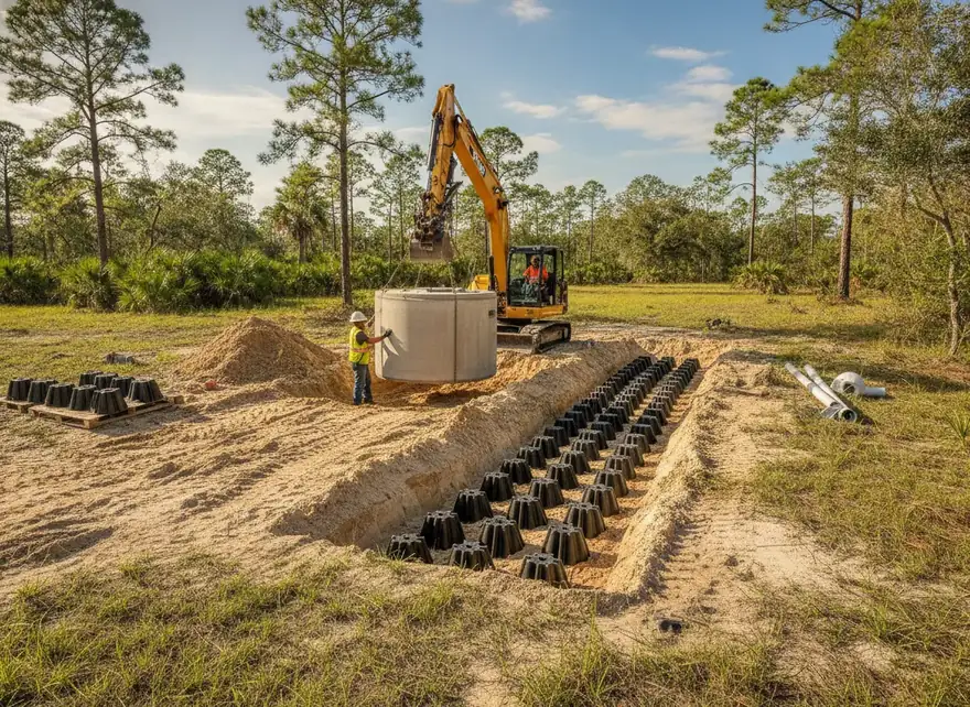 New septic tank and drain field being installed in sandy soil in Marion County