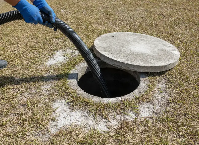 Vacuum hose in an open septic tank lid during pumping in Ocala, FL