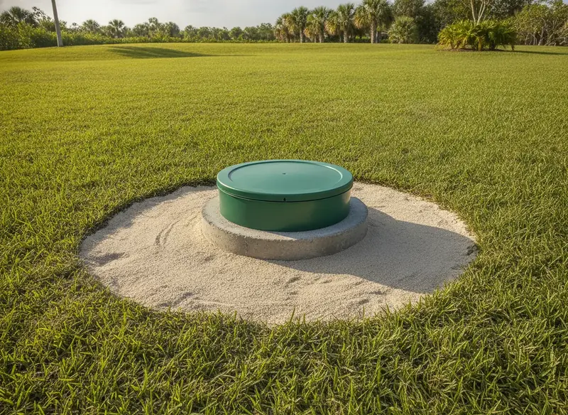 New septic riser and lid installed over a tank in a Florida lawn